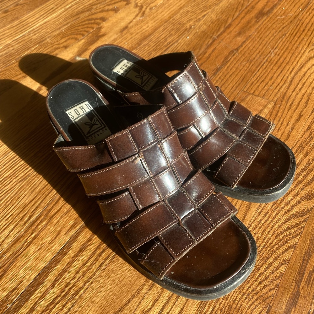 Soho Brown Leather Sandals Comfort Slip-On